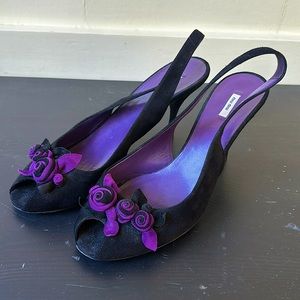 Miu Miu Black Suede Slingbacks with Purple Rosettes Size 38 1/2